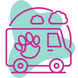 Ilustração da unidade móvel de banho e tosa com uma patinha desenhada na lateral