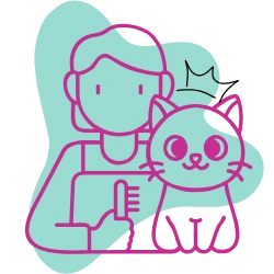 Ilustração de uma profissional escovando um gato com carinho