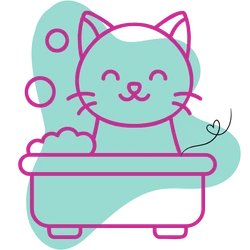 Ilustração de um gato relaxado dentro de uma banheira com espuma