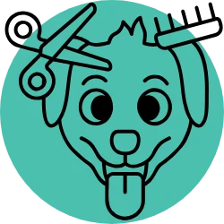 Ilustração de um cão com tesoura e pente de tosa